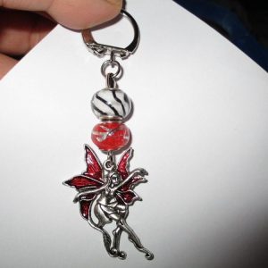 Black White Red Glass Bead and Red Glazed Pixie Metal Charm Keyring