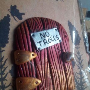 "No Trolls" Rustic Burnished Red with Gold Swirl - Miniature Fairy Elf Door Ornament - Resin