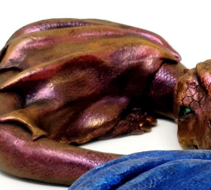 Large Burnished Red Gold Laying Dragon Ornament Decoration (W/ green eyes)
