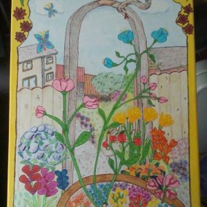 Among the flowerbeds - Mixed media on canvas - by Kitty Johnson. Serpent, Flowers, Garden, Den, Hideaway, Beautiful Day