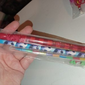 Blue Football Design Pencil, Red Chequered Neck Pen, Swap Tip Stacking Wax Crayons Pen & Green Pink Dinosaur Eraser - Back To School / Office Supply