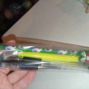 Green Football Design Pencil, Blue & Black Gel Pens, Yellow Highlighter & Green Red Christmas Gift Eraser - Back To School / Office Supply