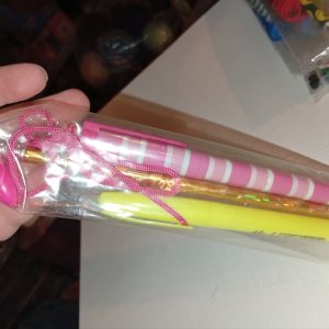 Gold Holographic Design Pencil, Pink Stripes Neck Pen & Yellow Highlighter - Back To School / Office Supply