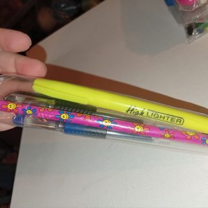 Pink Flower Faces Design Pencil, Blue & Black Gel Pens, Yellow Highlighter & Santa Eraser - Back To School / Office Supply