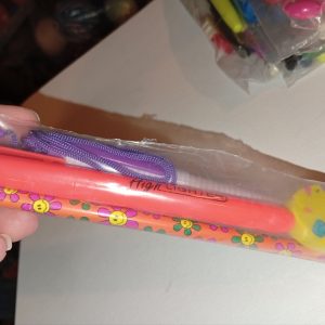 Orange Flower Faces Design Pencil, Purple White Chequered Neck Pen, Orange Highlighter & Yellow Easter Egg Eraser - Back To School / Office Supply
