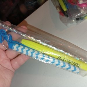 Silver Holographic Design Pencil, Blue White Zigzags Neck Pen & Yellow Highlighter - Back To School / Office Supply