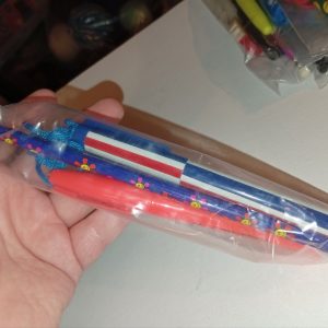 Dark Blue Flower Faces Design Pencil, Blue White Red Stripes Neck Pen & Orange Highlighter - Back To School / Office Supply