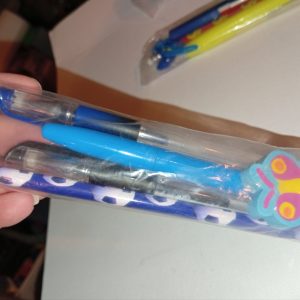 Dark Blue Football Design Pencil, Blue & Black Gel Pens, Blue Highlighter & Blue Butterfly Eraser - Back To School / Office Supply