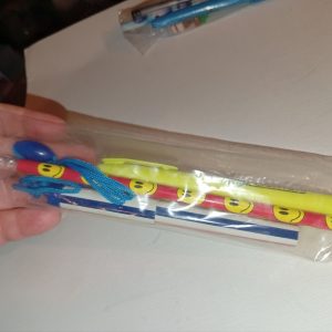 Red Smiley Design Pencil, Blue Red White Stripe Neck Pen & Yellow Highlighter - Back To School / Office Supply
