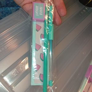 Green Pencil, Gel Pen & Watermelon Design 15cm Ruler with "Shine Bright" Quotation Pink Pencil Sharpener - Back To School / Office Supply