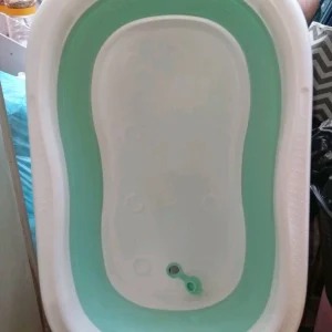 Collapsible White Mint Green Travel Plastic Baby Bath With Stand & Plug
